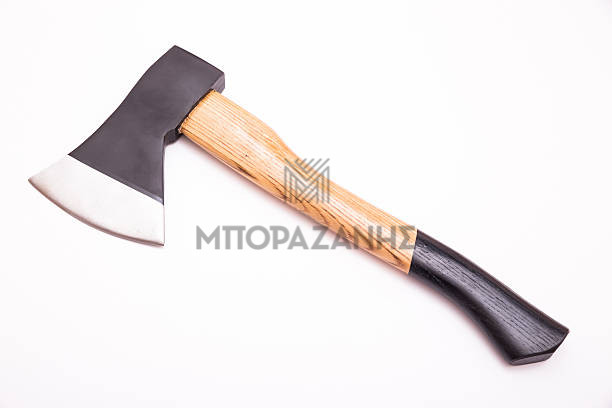 Small hand axe with wooden black handle isolated on white background